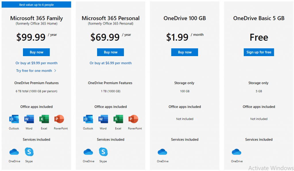 OneDrive Pricing Plans